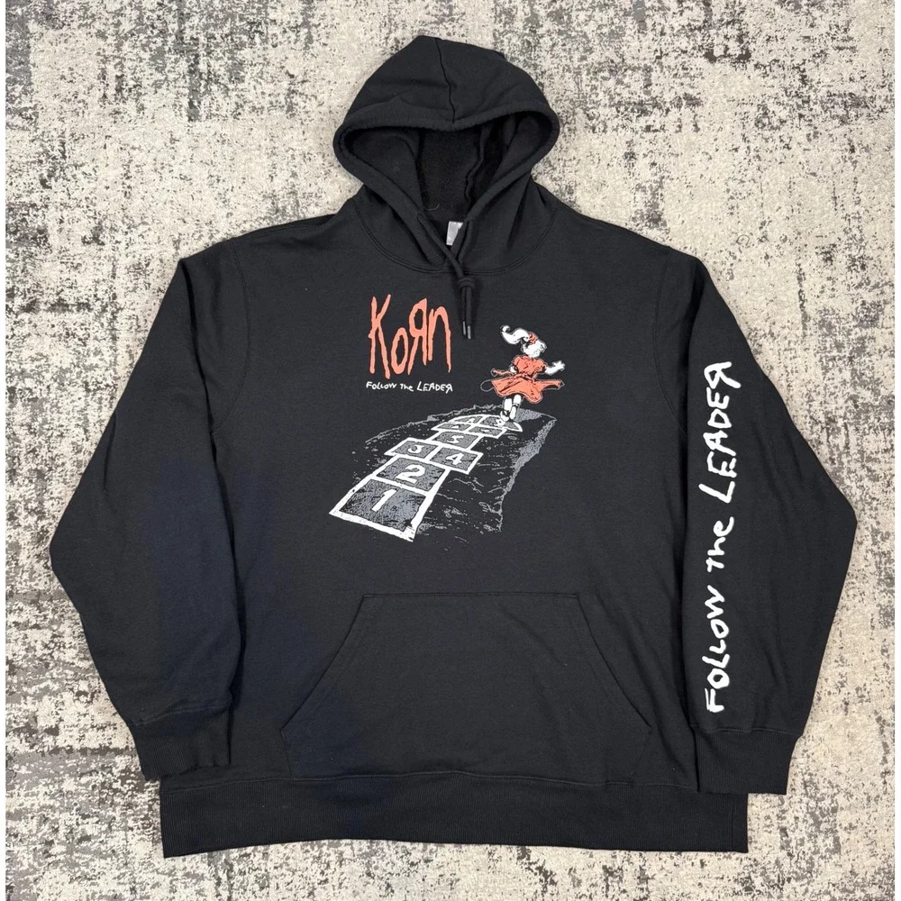 Korn Mens XXL Black Follow The Leader Hoodie Graphic Band Sweatshirt